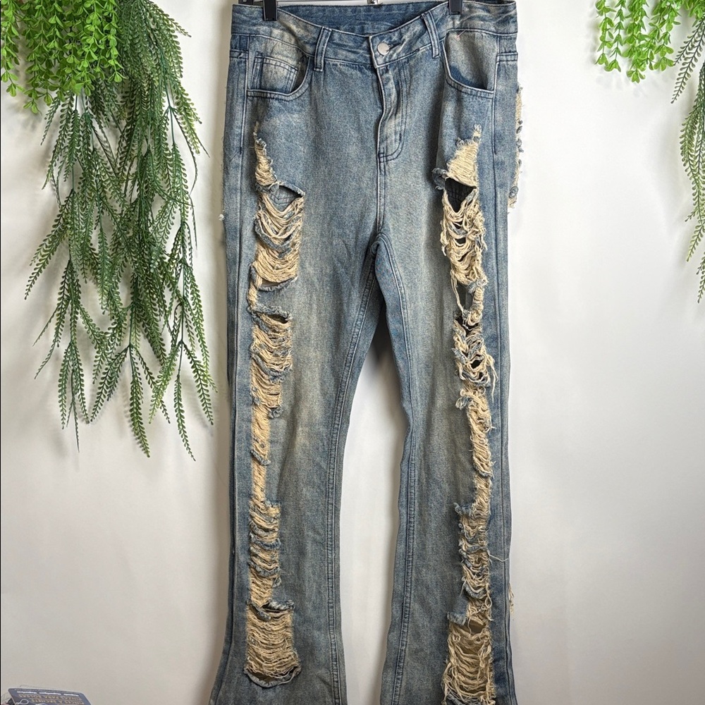 Source Unknown Ripped Flare Jeans in Blue and Tan